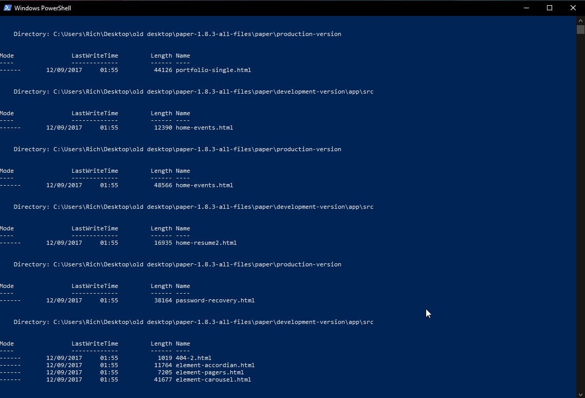 Use the command line to list all file names including subfolders and export to a text file