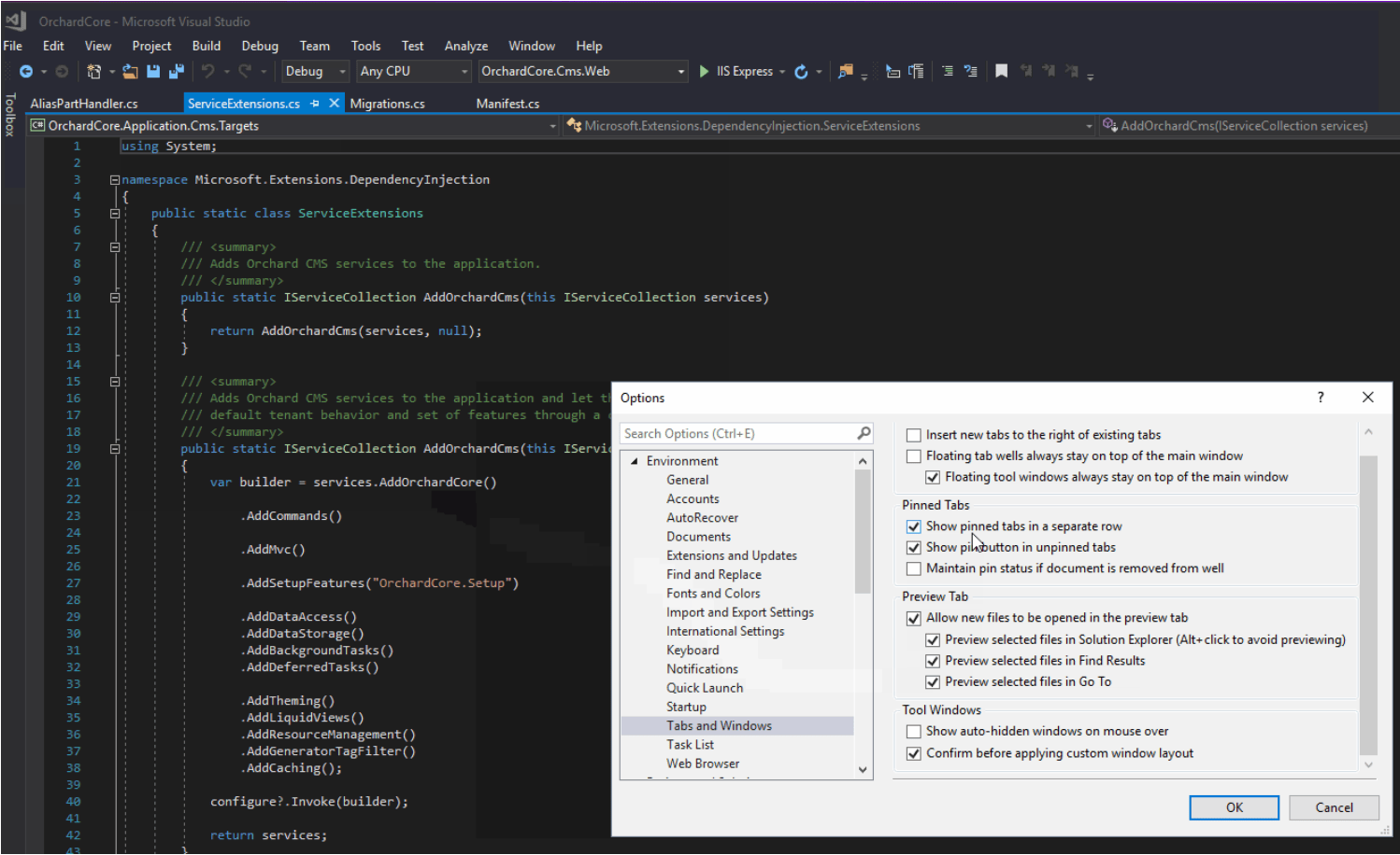 Display pinned tabs on a separate line in Visual Studio